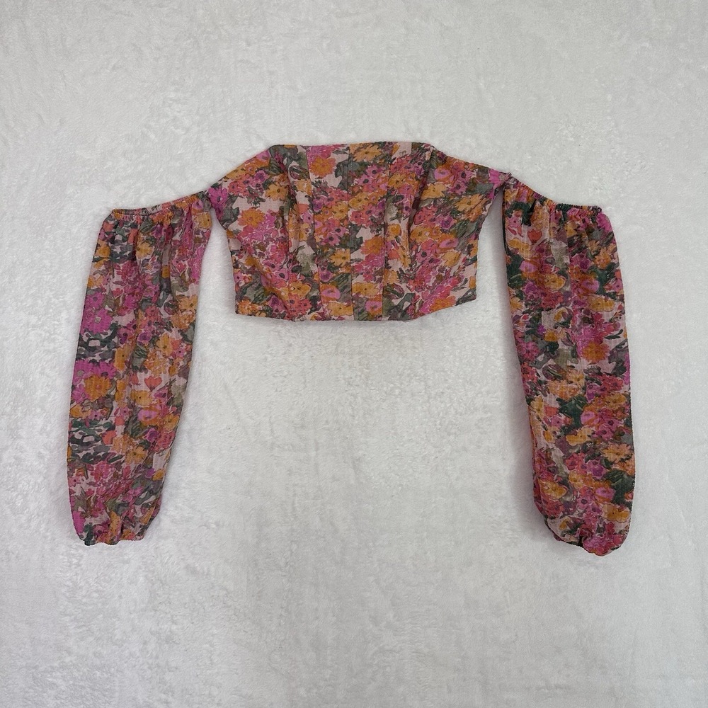 Wild Fable Womens‎ Sz S Pink Floral Crop Top Shirt Drop Sleeves Boning Front EUC